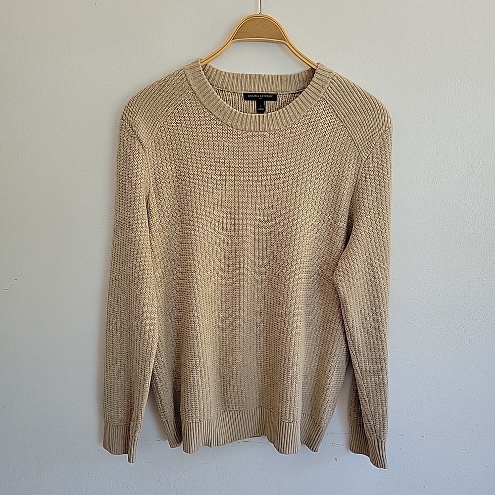 Banana Republic Cotton Knit Pullover Sweater Large Tan Crewneck Minimalist